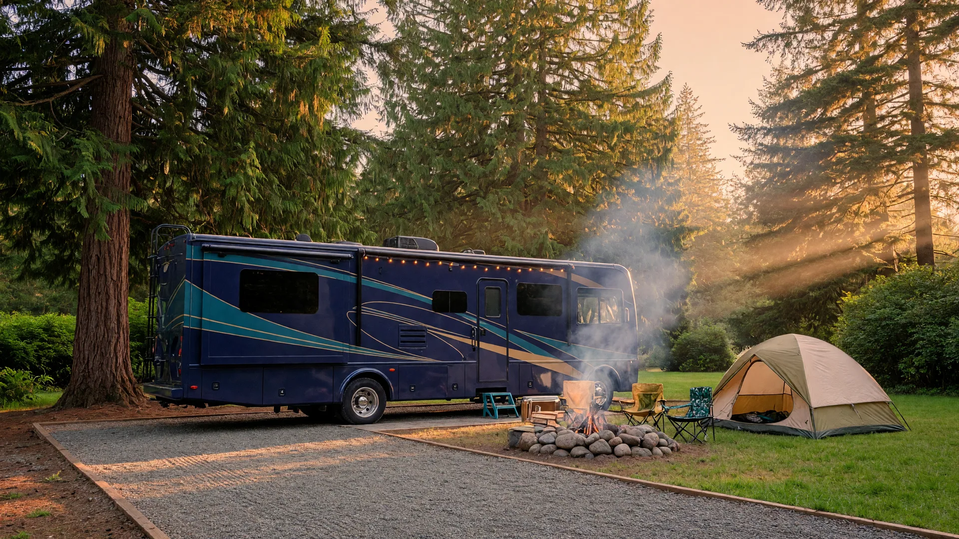 A modern RV at a spacious, welcoming family campground among evergreens in warm golden-hour light