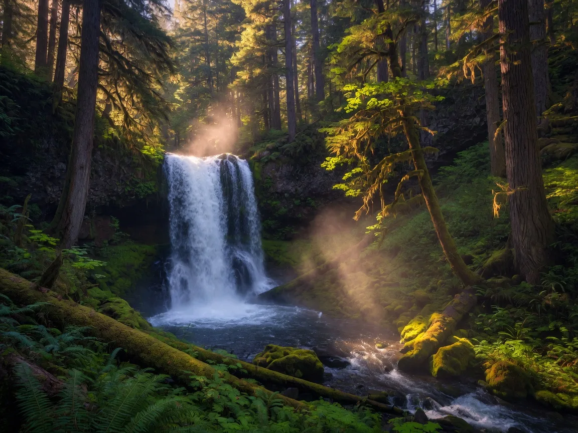 A waterfall tumbling through a mossy Douglas fir forest in golden light near the Upper Rogue