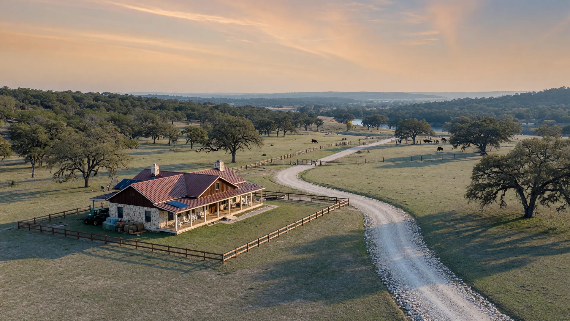 A Texas Hill Country ranch house on a large fenced pasture with live oaks