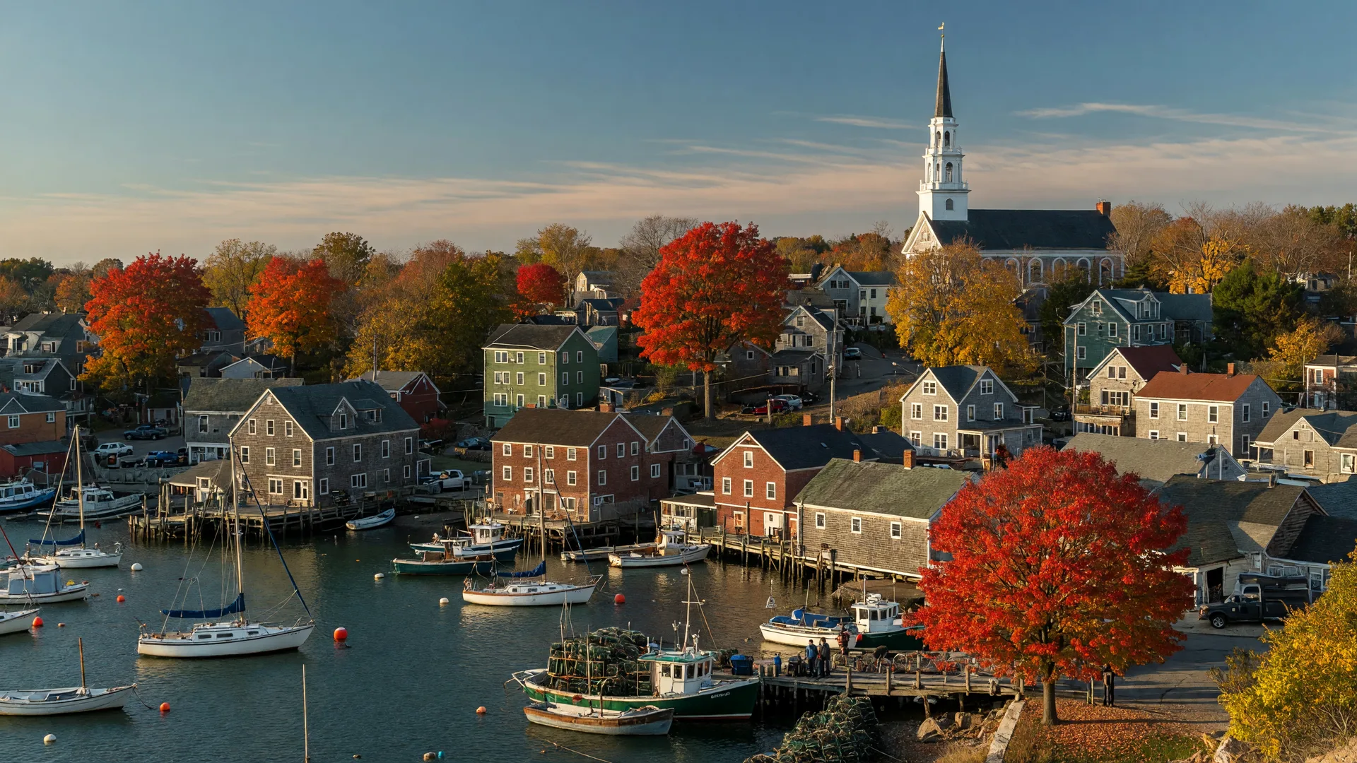 North Shore harbor town in October with sailboats at mooring and fall foliage along the waterfront