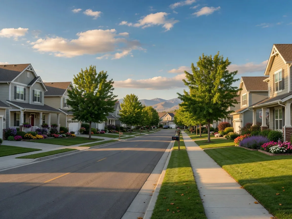 A tree-lined residential street in Meridian, Idaho at late afternoon