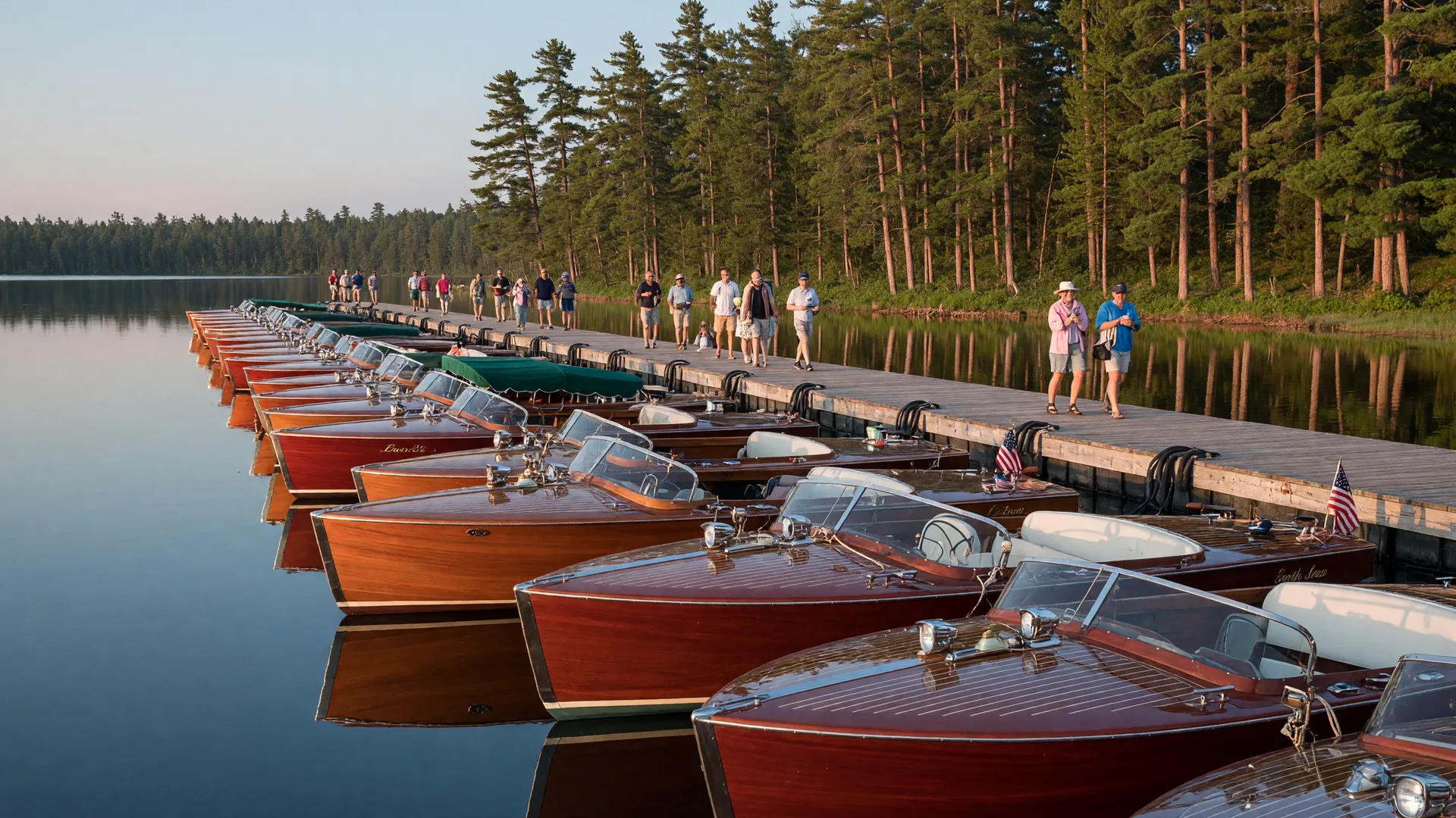 Classic wooden boats moored along the docks at Cross Lake in Crosslake, Minnesota