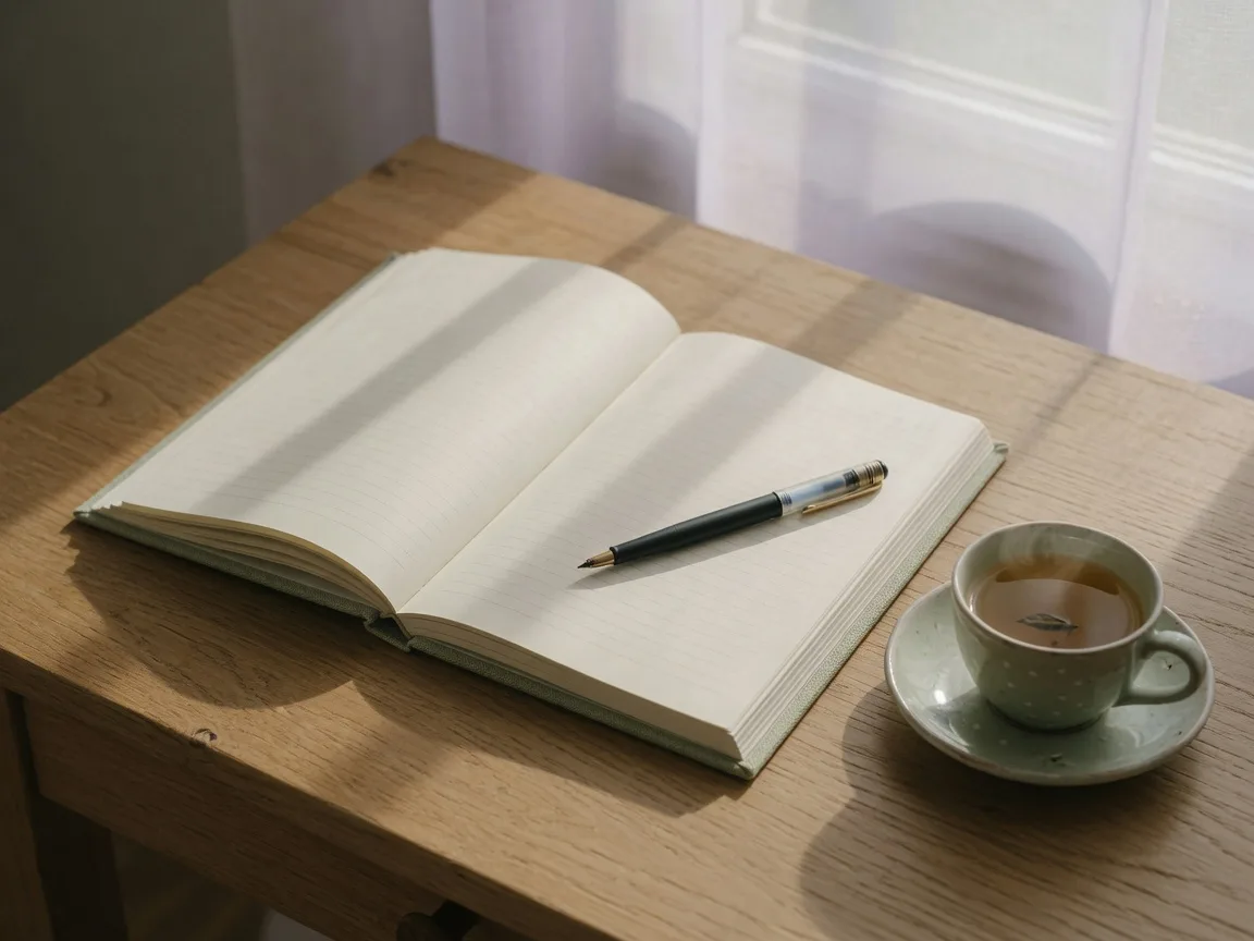 Open journal and pen beside a warm window with morning light, a cup of tea nearby