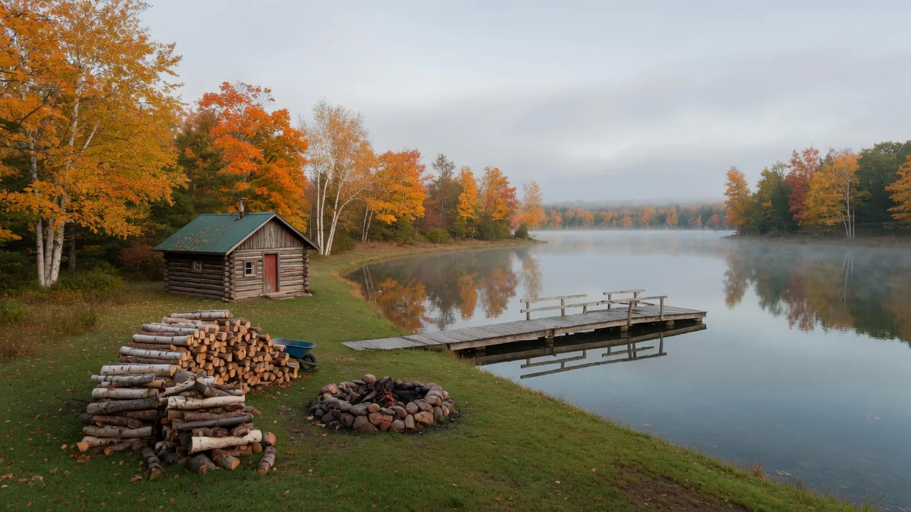 Classic Minnesota lake cabin on a grassy shore with a wooden dock and autumn trees in late September light