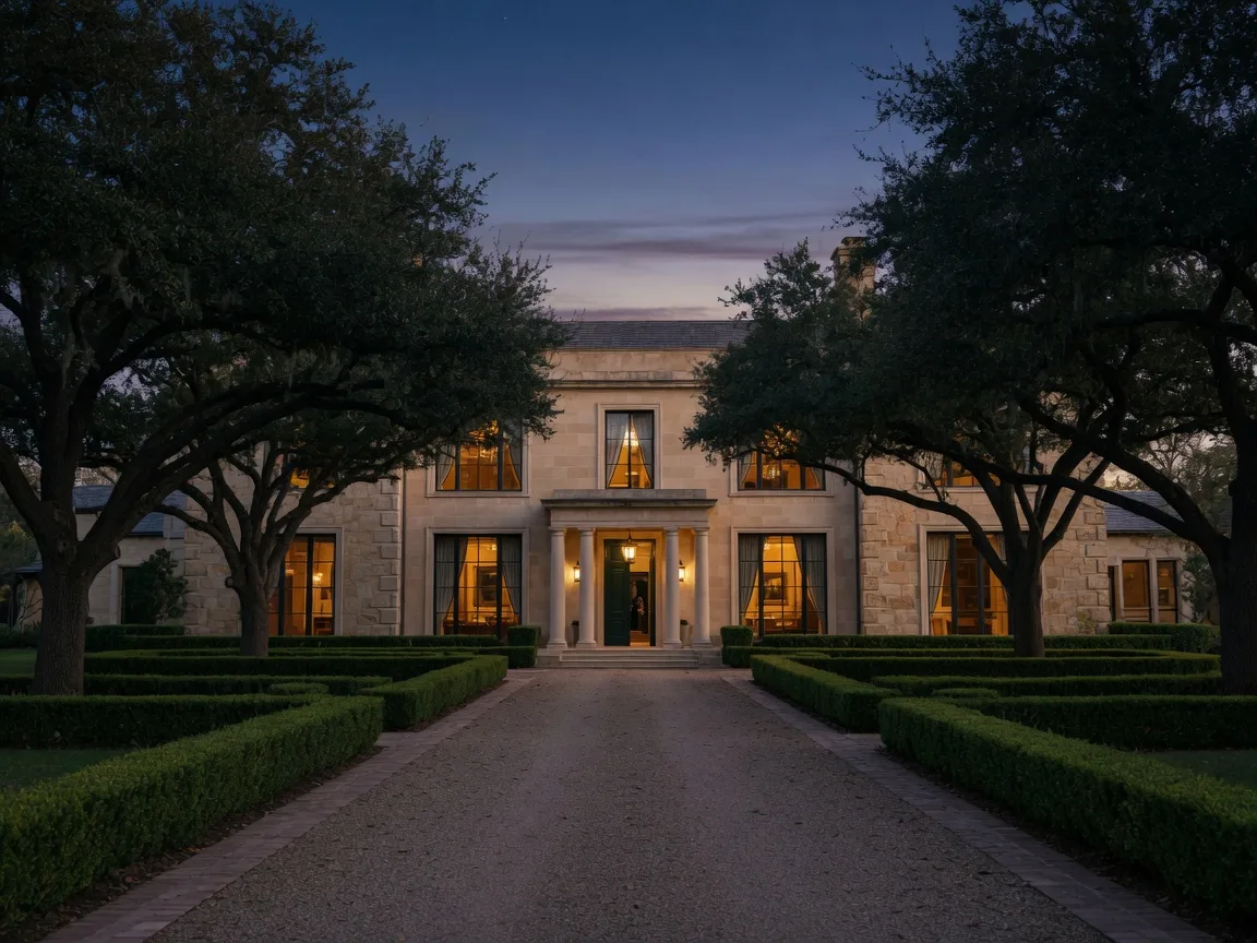 Grand Dallas luxury estate at dusk with a tree-lined drive, warm interior light, and mature oak trees