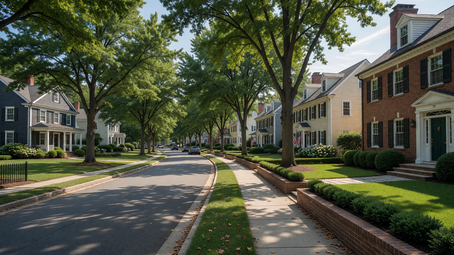 Bright daylight view of a tree-lined street in an established Bethesda neighborhood