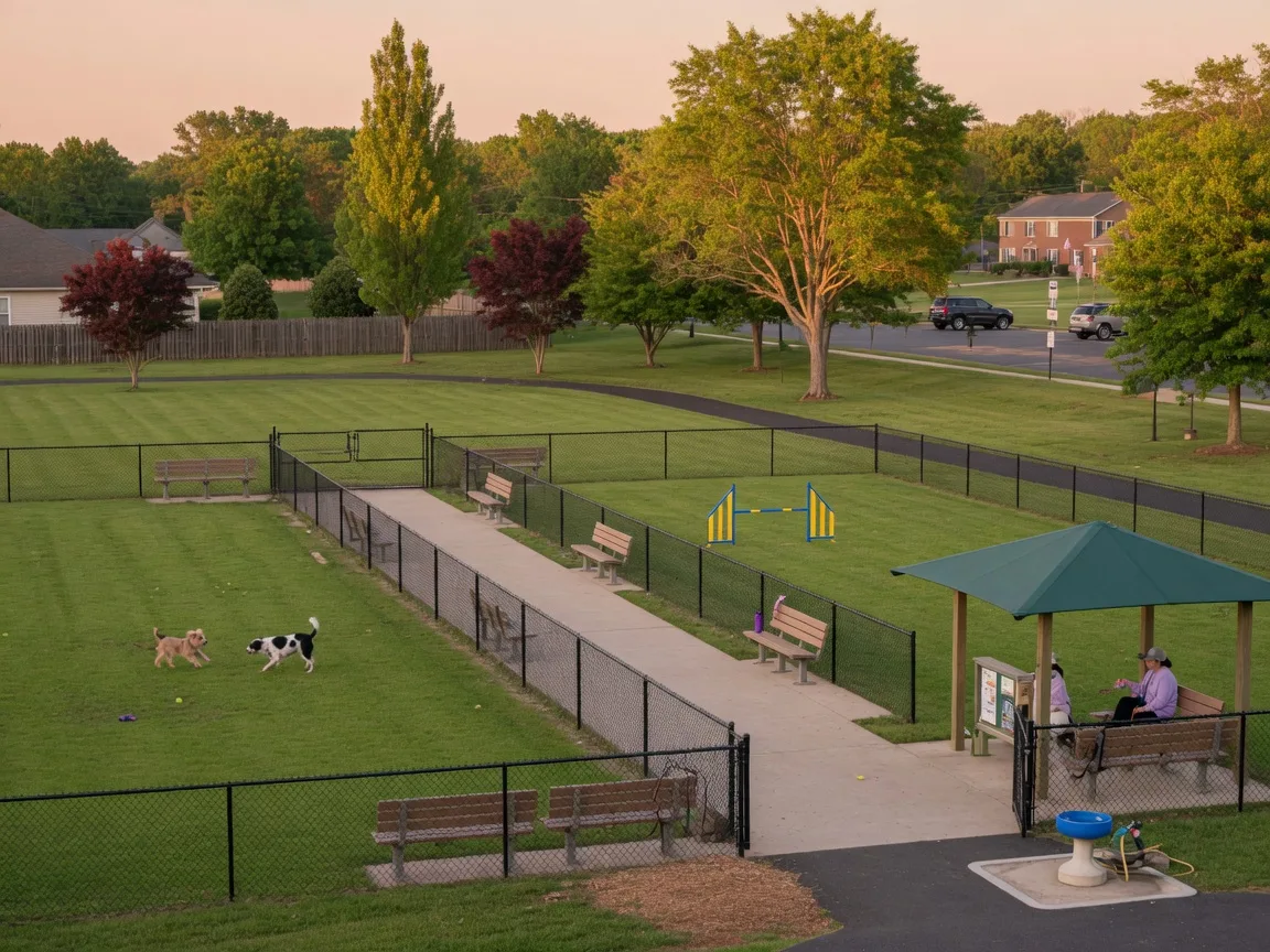 A welcoming off-leash dog park with two fenced runs, an agility jump, a shade pavilion with a water station, and benches in warm evening light