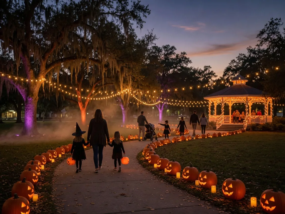 An immersive Halloween evening walk through a small downtown Florida park, a path lined with glowing jack-o-lanterns and string lights draped between live oak trees, with families strolling in the twilight