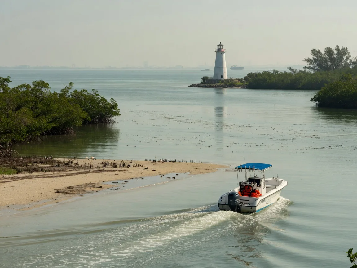 A center-console boat crossing the calm mouth of the Manatee River toward Tampa Bay, with Egmont Key and a small lighthouse on the horizon