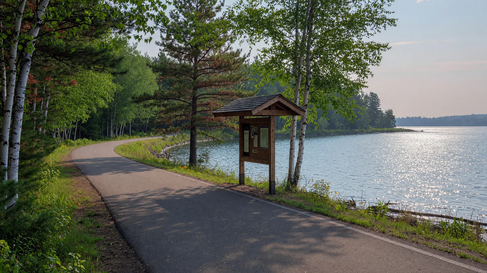 A paved multi-use trail curving along a Minnesota lake shoreline through birch and pine trees near Nisswa