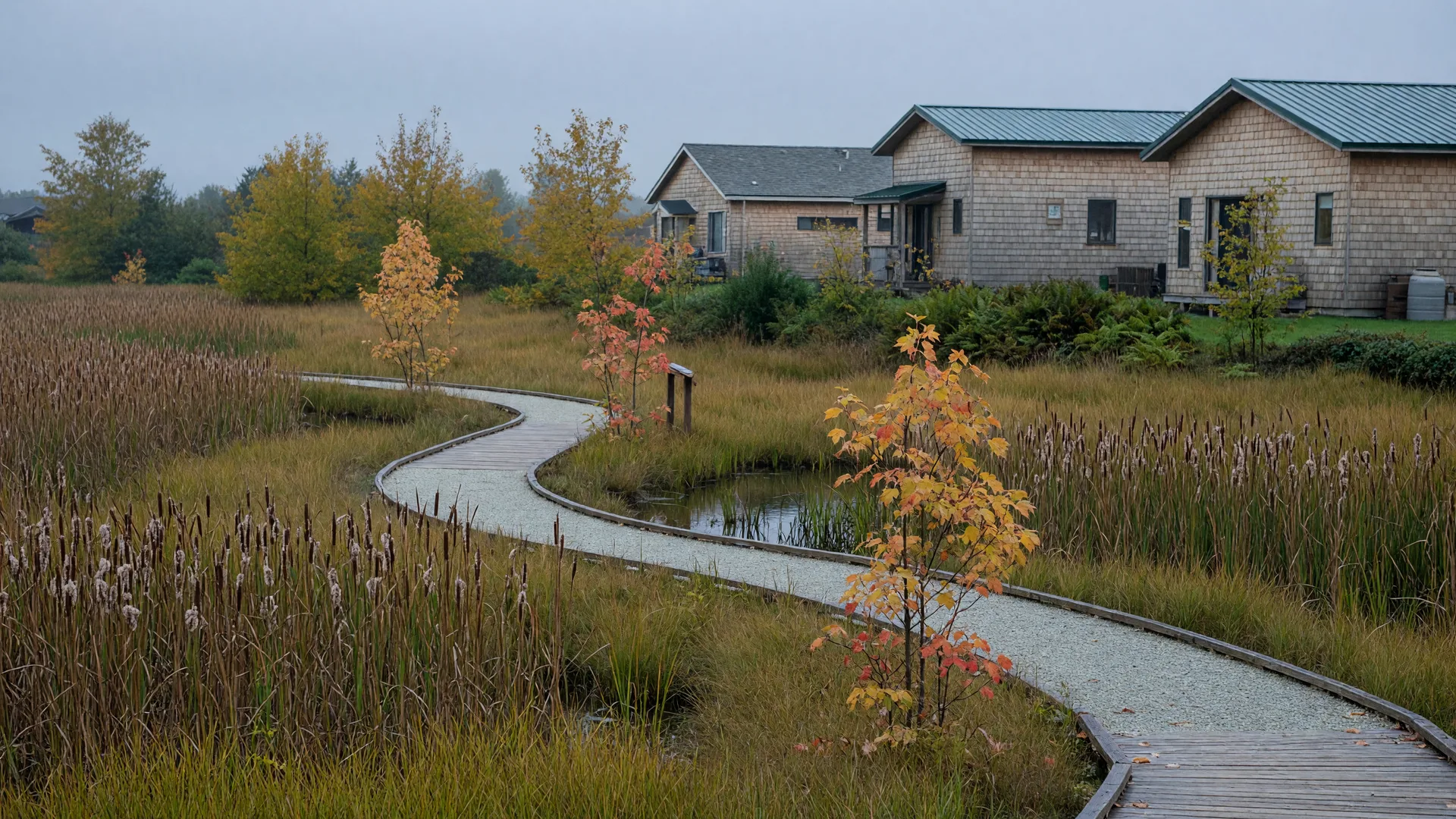 A winding boardwalk trail through a restored wetland at a new nature park in North Bethany, with cattails, native grasses and young maples turning gold