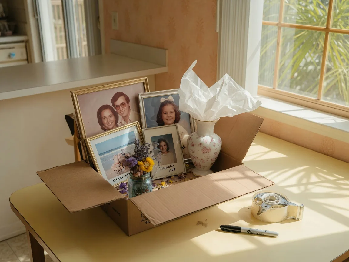 An open moving box of framed family photographs and keepsakes being sorted on a sunlit kitchen table, packing tape beside it.
