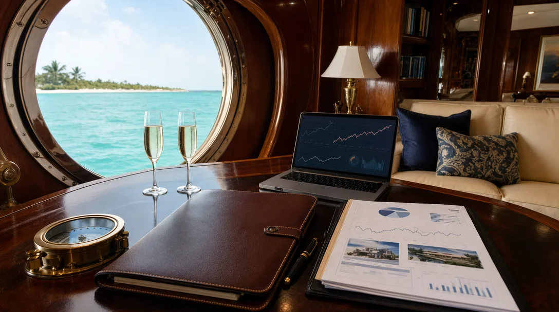 Luxury yacht cabin interior with mahogany wood, leather-bound investment portfolio, laptop with market trend charts, compass, and champagne by a porthole with turquoise water