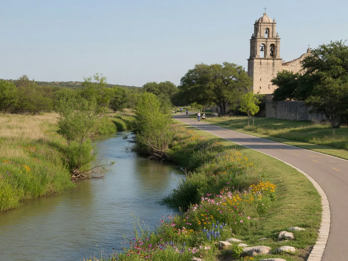 San Antonio River Mission Reach section with restored riparian habitat, native grasses and wildflowers, paved hike-and-bike trail, and Mission Espada bell tower in the distance