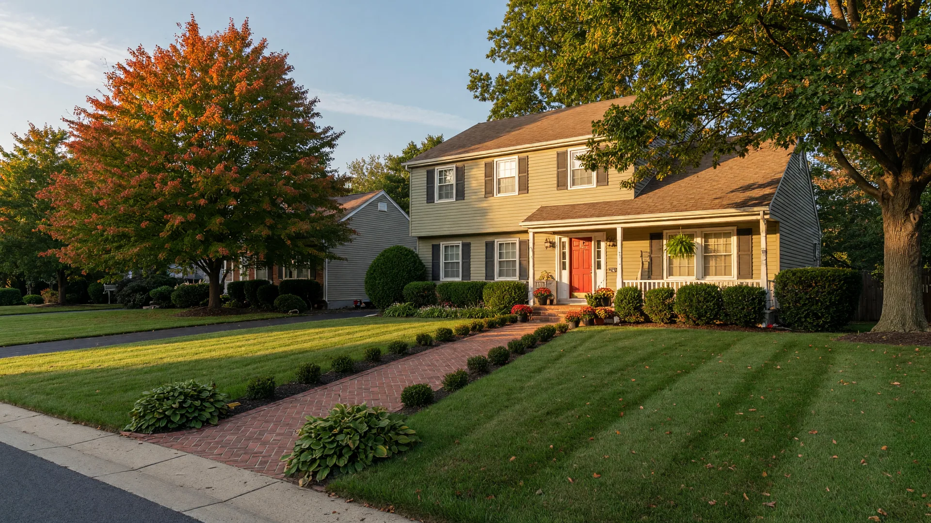 A detached suburban Philadelphia home with a tidy front lawn in warm early-fall light