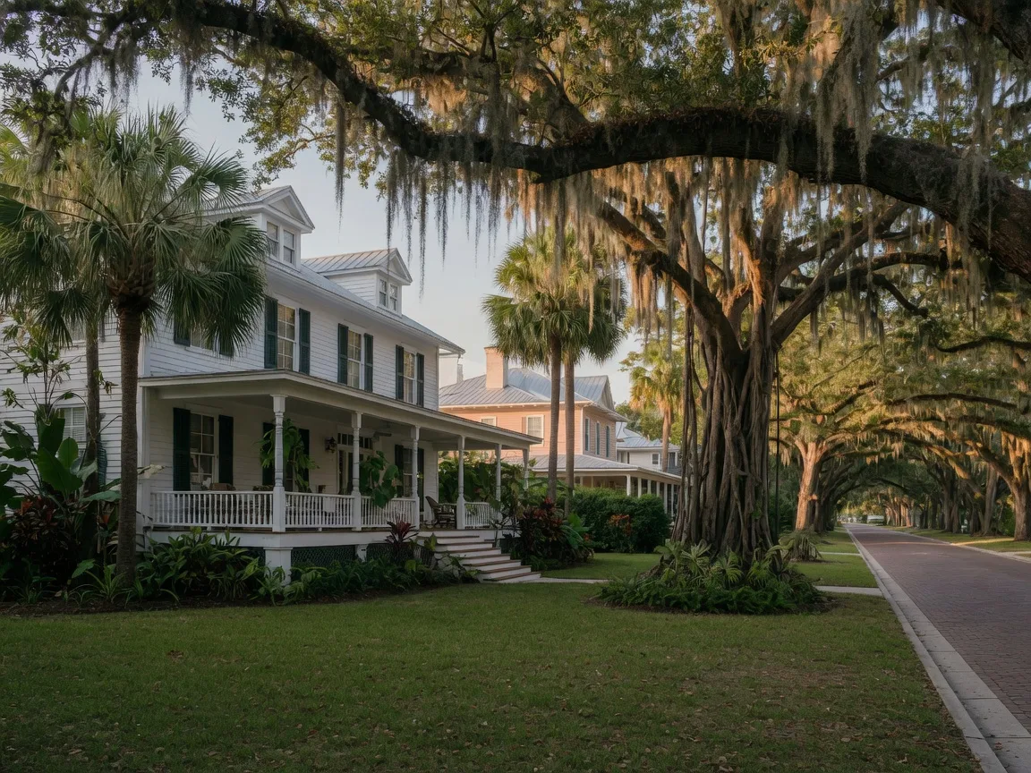 Historic Fort Myers estate home shaded by live oaks and a banyan canopy