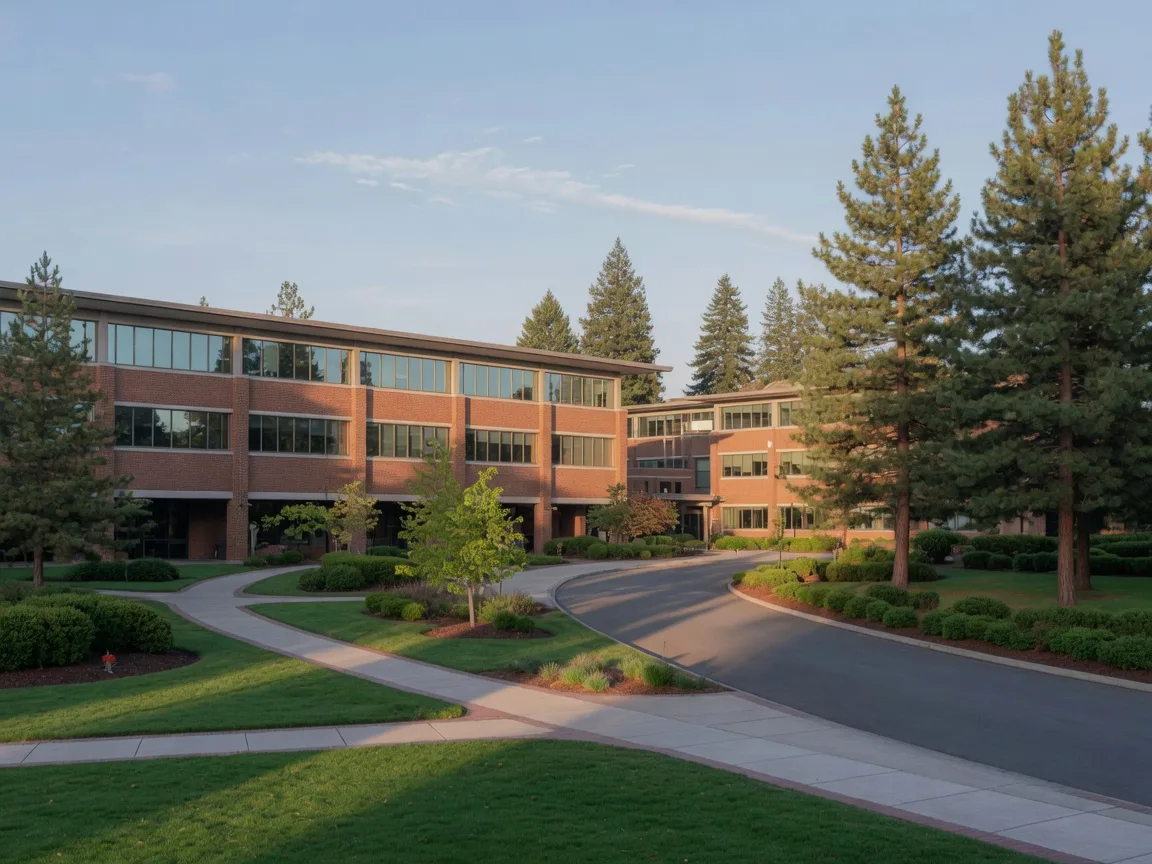 A modern healthcare and office campus in Clackamas with warm brick and glass buildings set among landscaped grounds and mature evergreens
