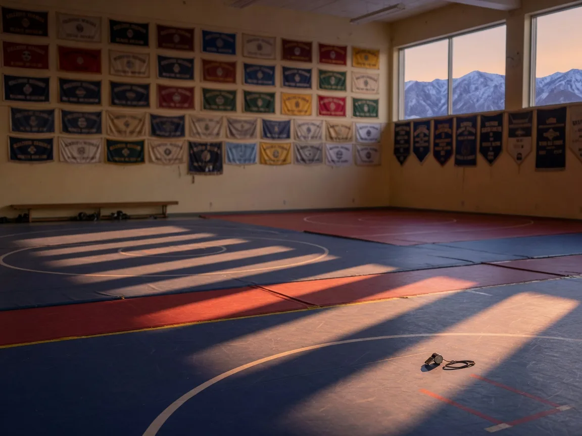 A college wrestling room at golden hour, rows of blue and red mats under beams of evening light with mountains through the far window
