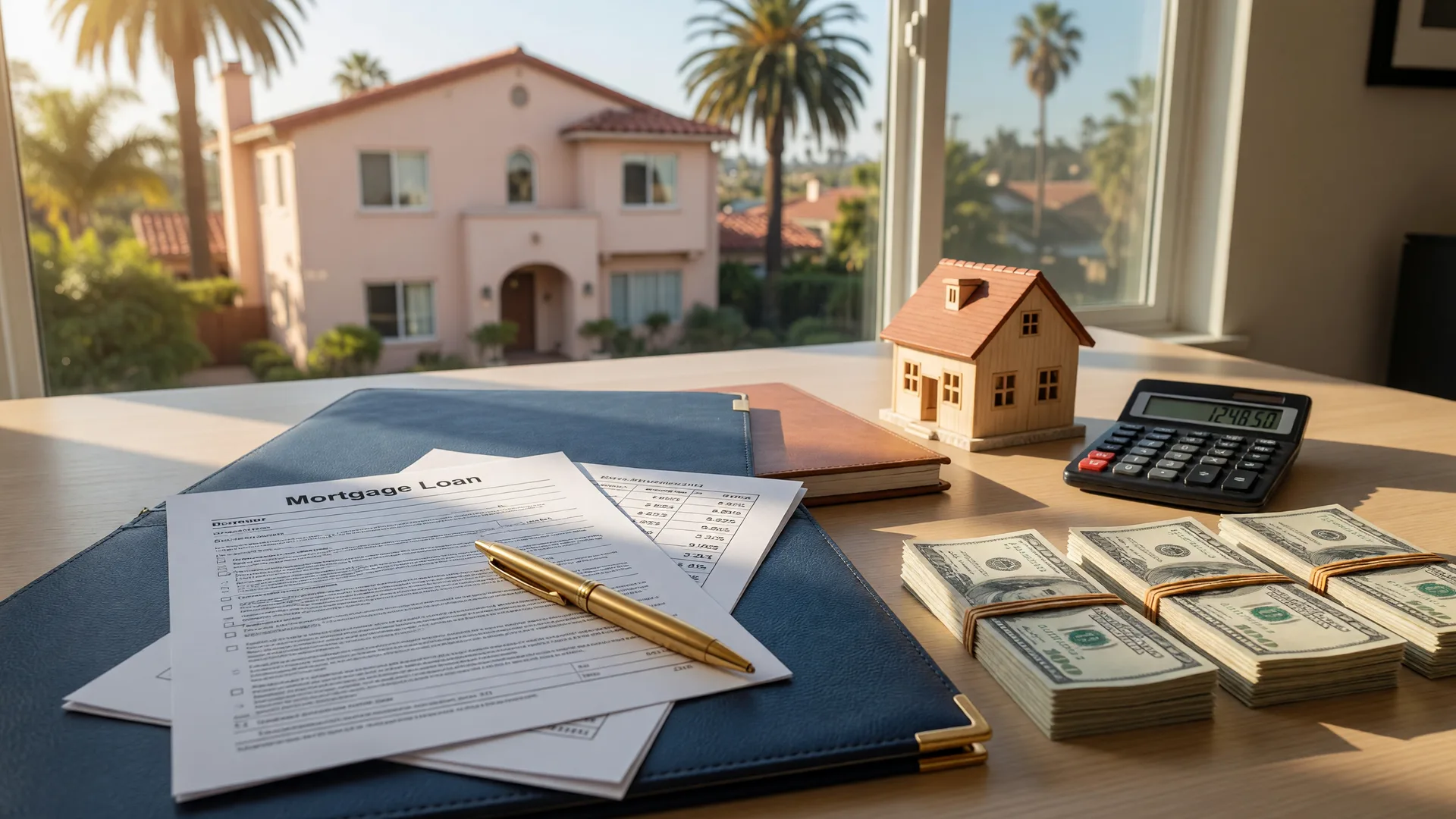 A lender's desk in warm morning light with an open mortgage loan document, folded banknotes, a calculator, and a wooden model house, with a sunny California home blurred behind, representing mortgage rate buydown planning
