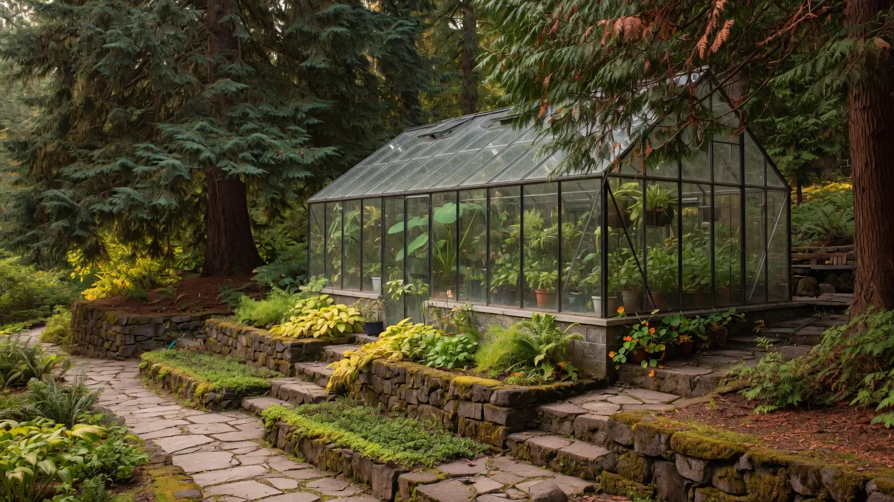 Glass greenhouse surrounded by terraced stone garden beds and mature evergreen trees in Portland