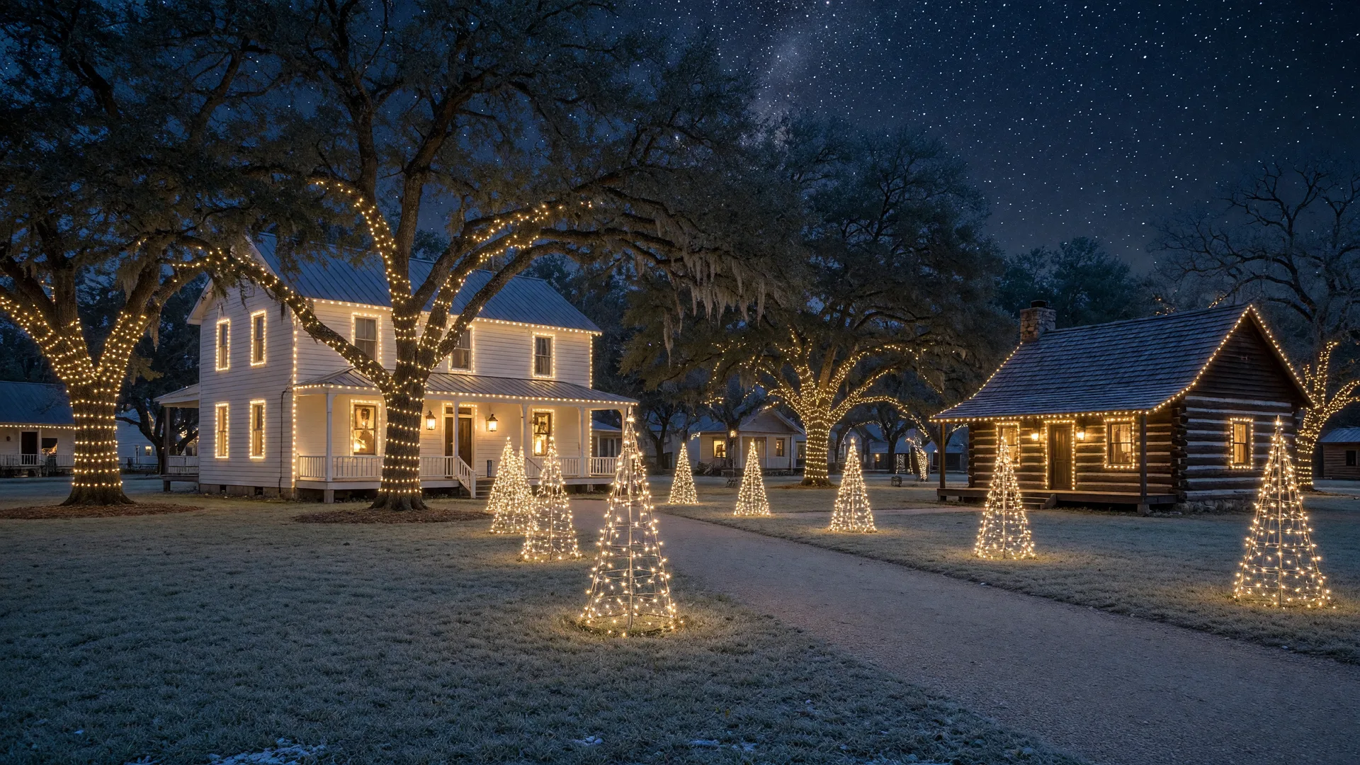 Historic East Texas heritage museum grounds at night decorated for Christmas, a white farmhouse and log cabin wrapped in warm white lights, glowing light-trees along a walkway, and oak trees strung with lights