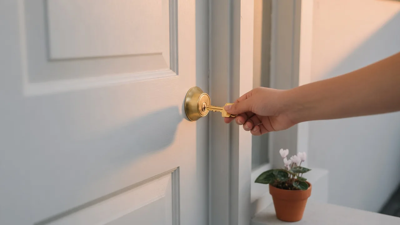 A freshly painted modern front door in soft warm afternoon light, a brass key turning in the lock, a small potted plant at the threshold