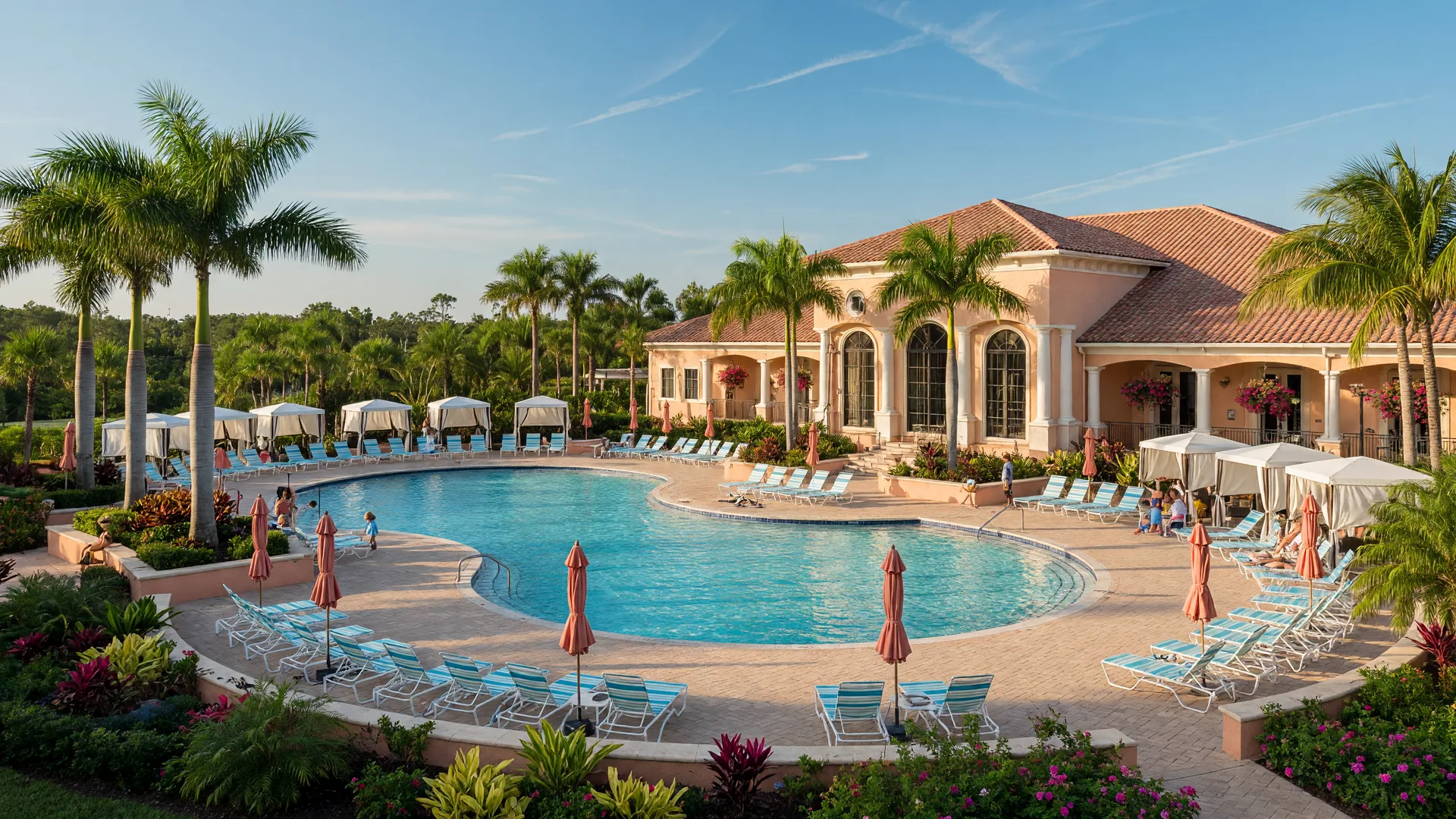 Resort-style community pool and clubhouse in the Summerwoods master-planned community in Parrish, Florida, with palm trees, lounge chairs, and sparkling blue water