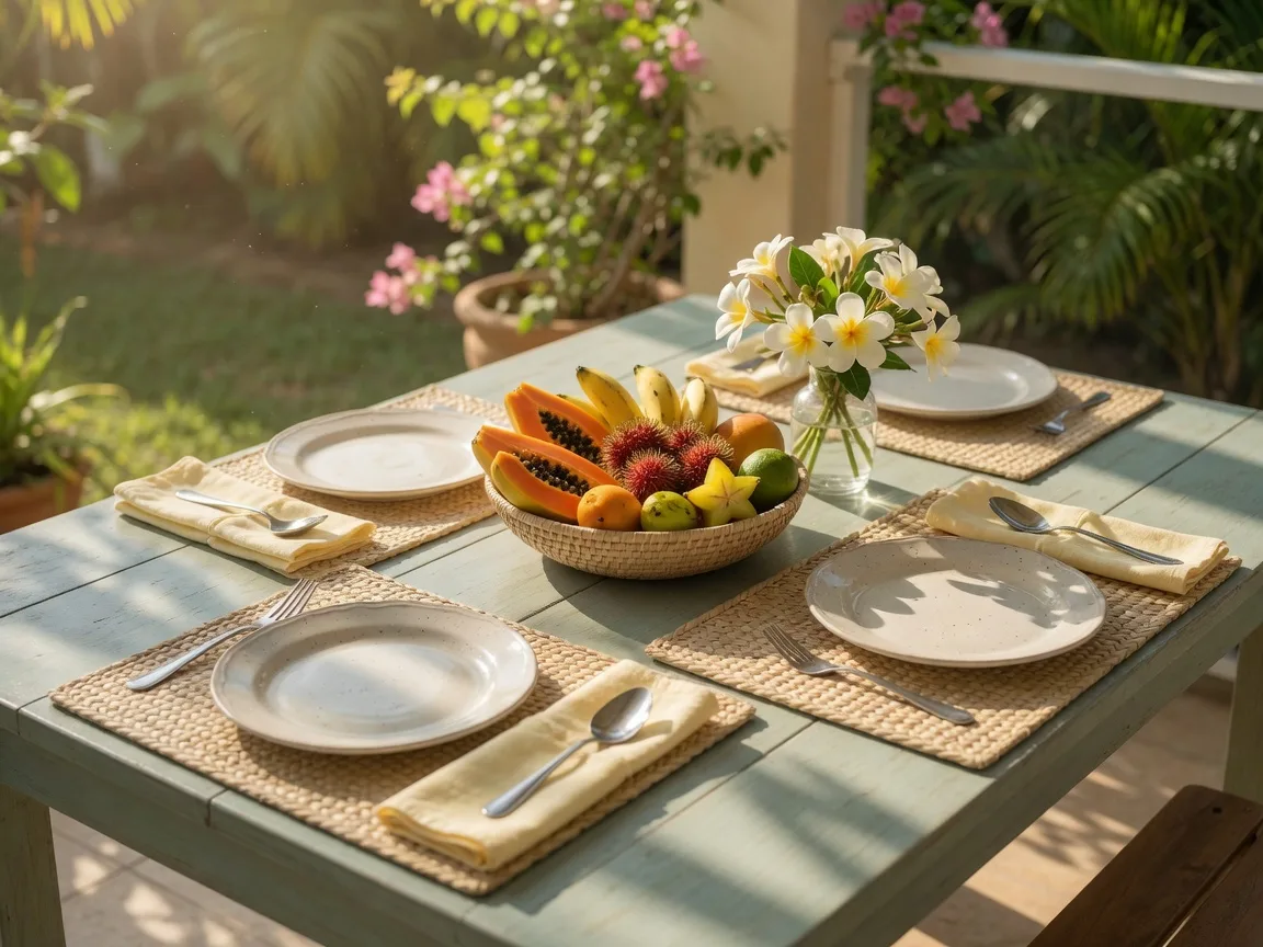 A family dining table set on a sunny lānai