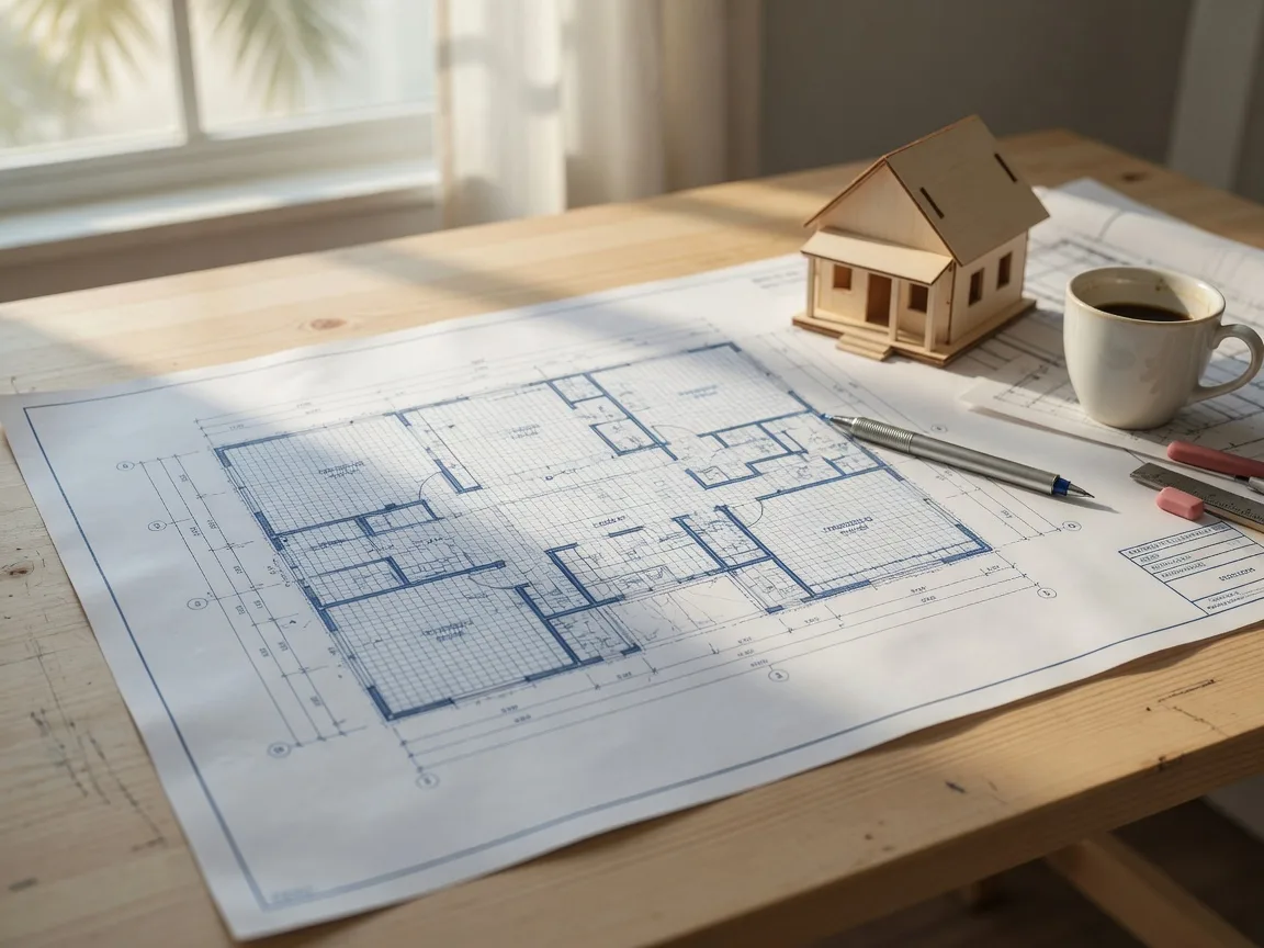 A printed floor plan spread across a drafting table with a pen, a wooden house model, and a coffee cup.
