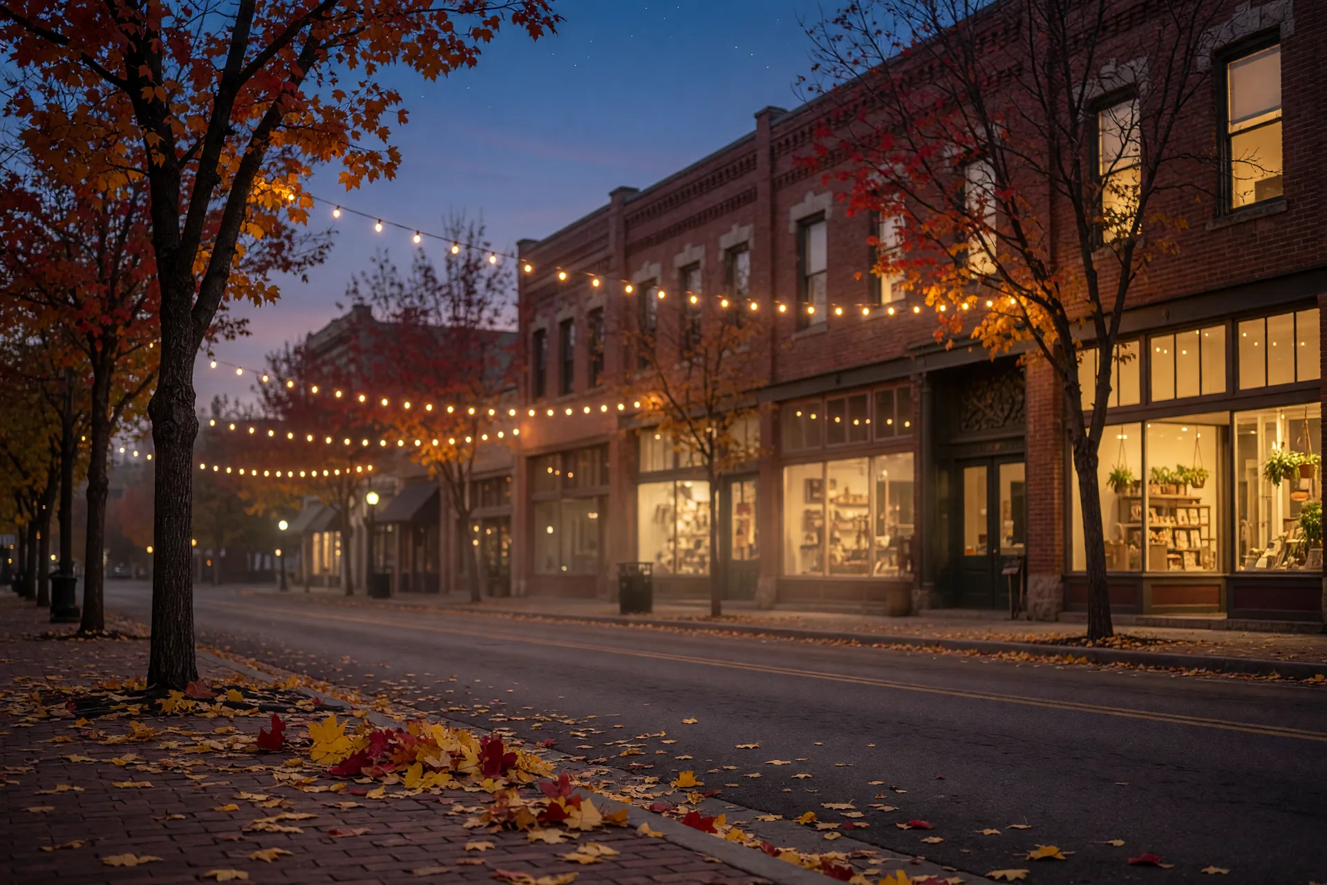 String lights over a city street on an October evening.