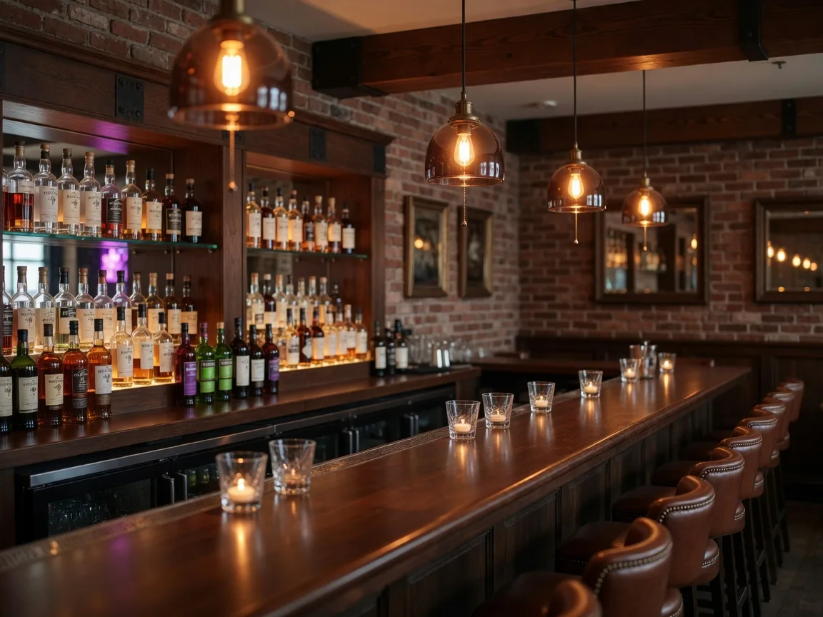MG Tavern at Mall of Georgia in Buford Georgia, an upscale modern tavern interior with warm pendant lighting over a polished wood bar and backlit liquor shelves