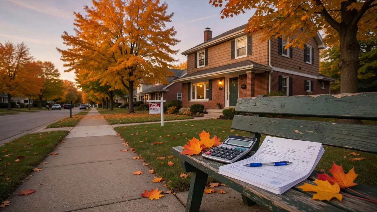 A brick-and-cedar home with a for-sale sign on a tree-lined Grand Blanc street in October, with a calculator and mortgage documents on a bench in the foreground