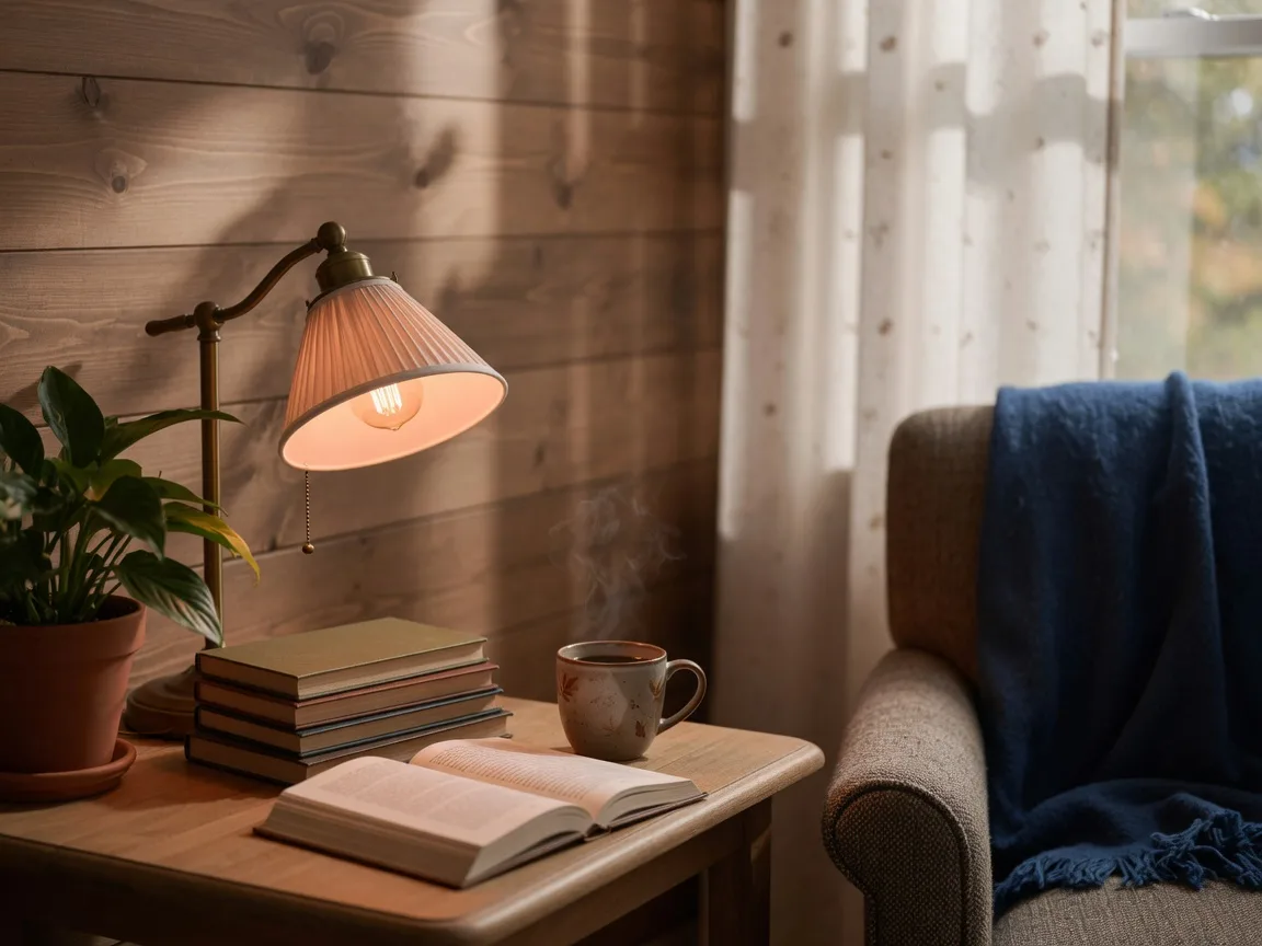 A cozy autumn reading corner with a stack of hardcover books, a warm brass lamp, and a mug of coffee near a window