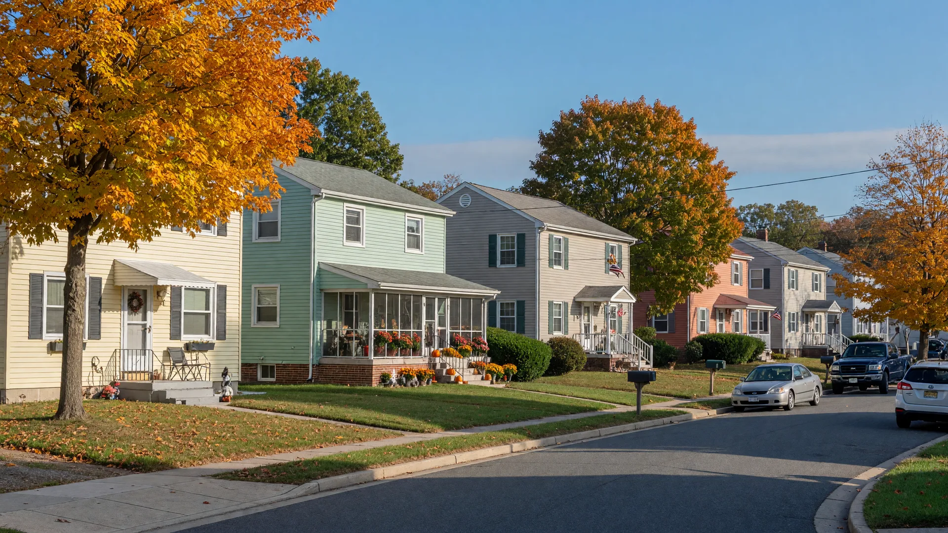 A quiet residential street of mid-century single-family homes in a South Jersey coastal town on a crisp October morning, with maple and oak trees showing early autumn color