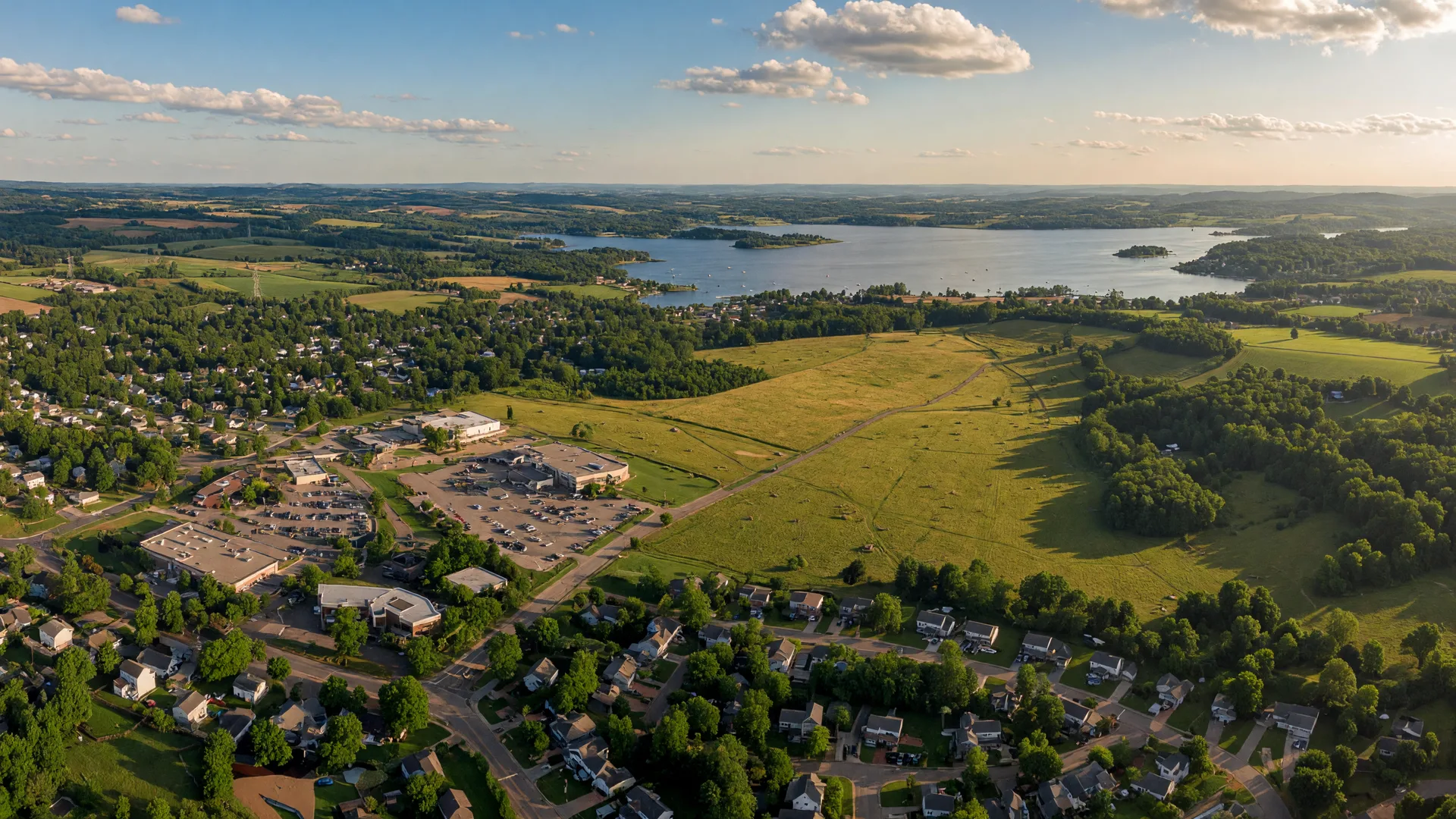 Aerial view of Spotsylvania County Virginia — rolling countryside, Lake Anna, and historic battlefields
