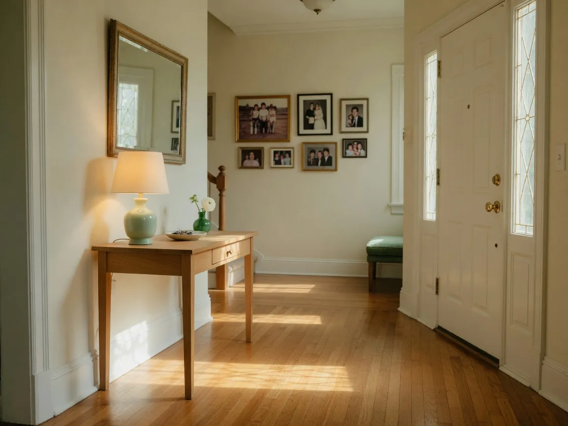 A warm foyer in a classic Texas family home, morning light through the sidelights of the front door