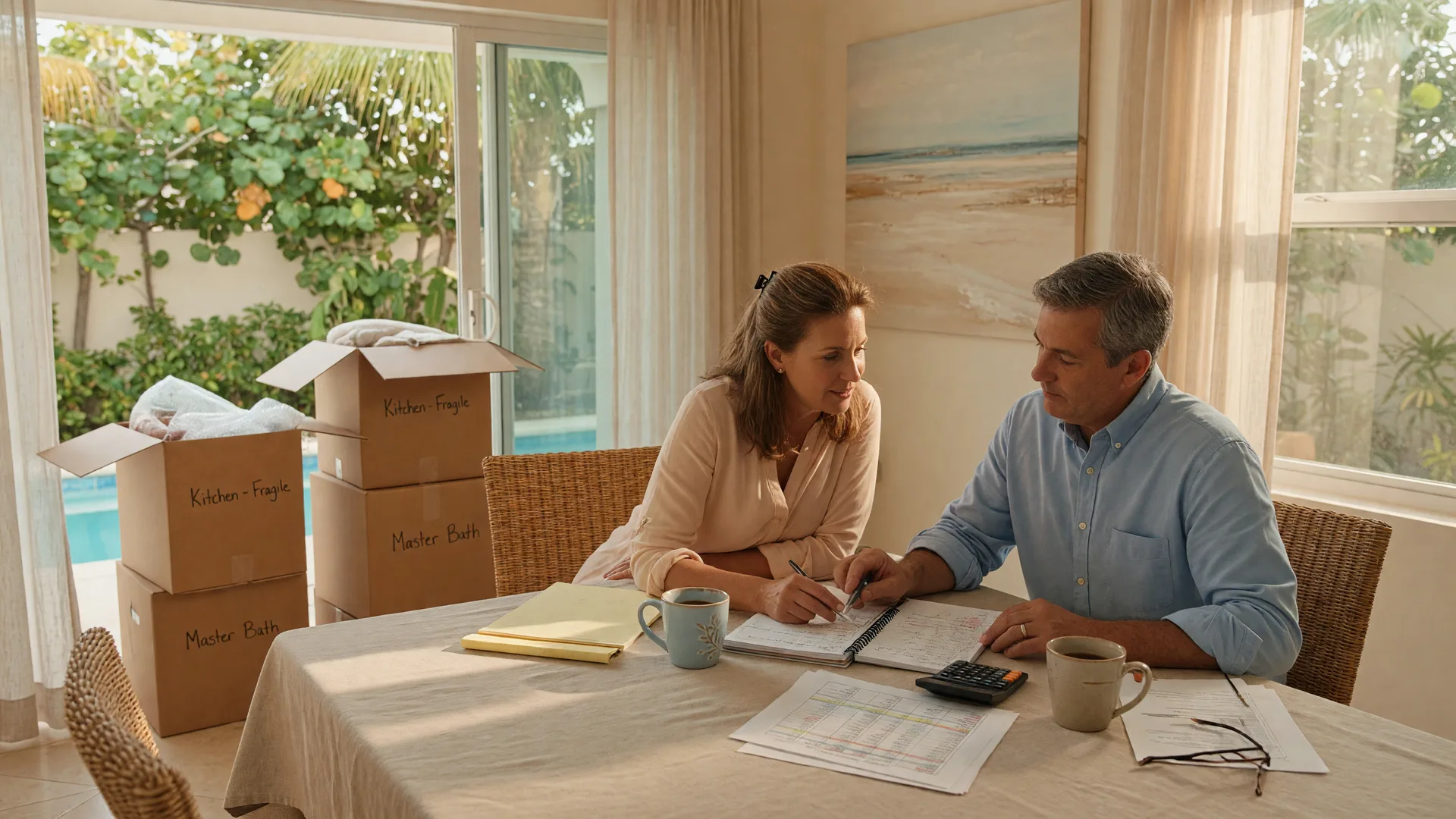 Couple reviewing a downsizing budget and cost estimates at a sunlit dining table in Palm Beach County.