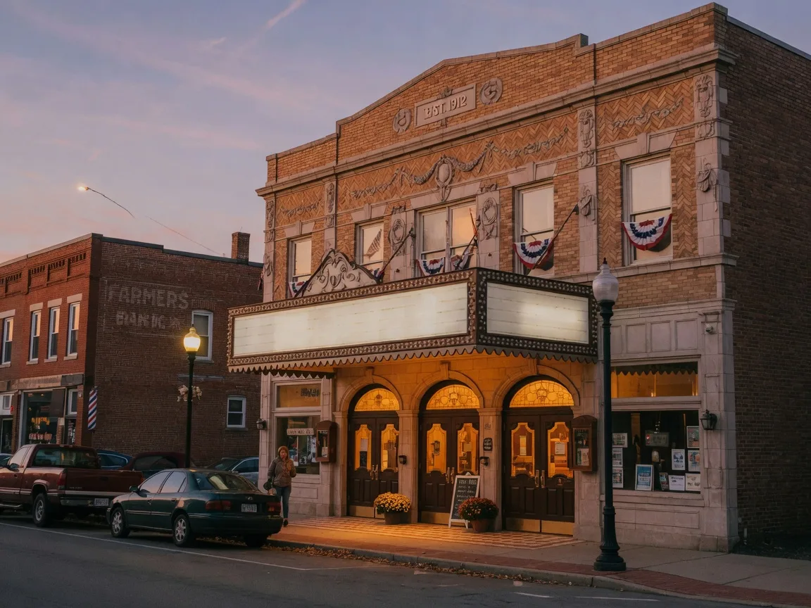 The historic Murphy Theatre on Main Street in Wilmington Ohio with its classic vintage marquee sign, brick facade, and arched entry doors at golden hour