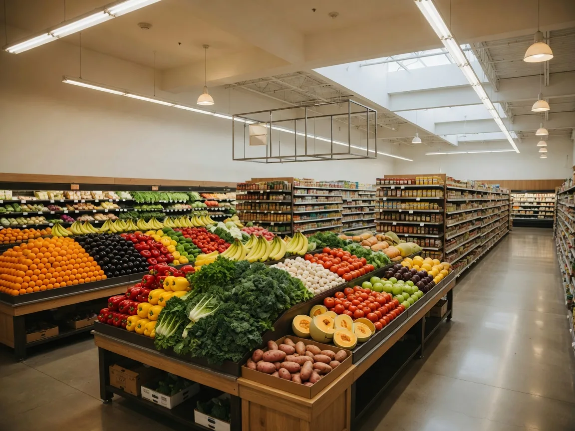 A spacious, clean aisle of a modern Texas grocery store with wide rows and a colorful fresh produce section