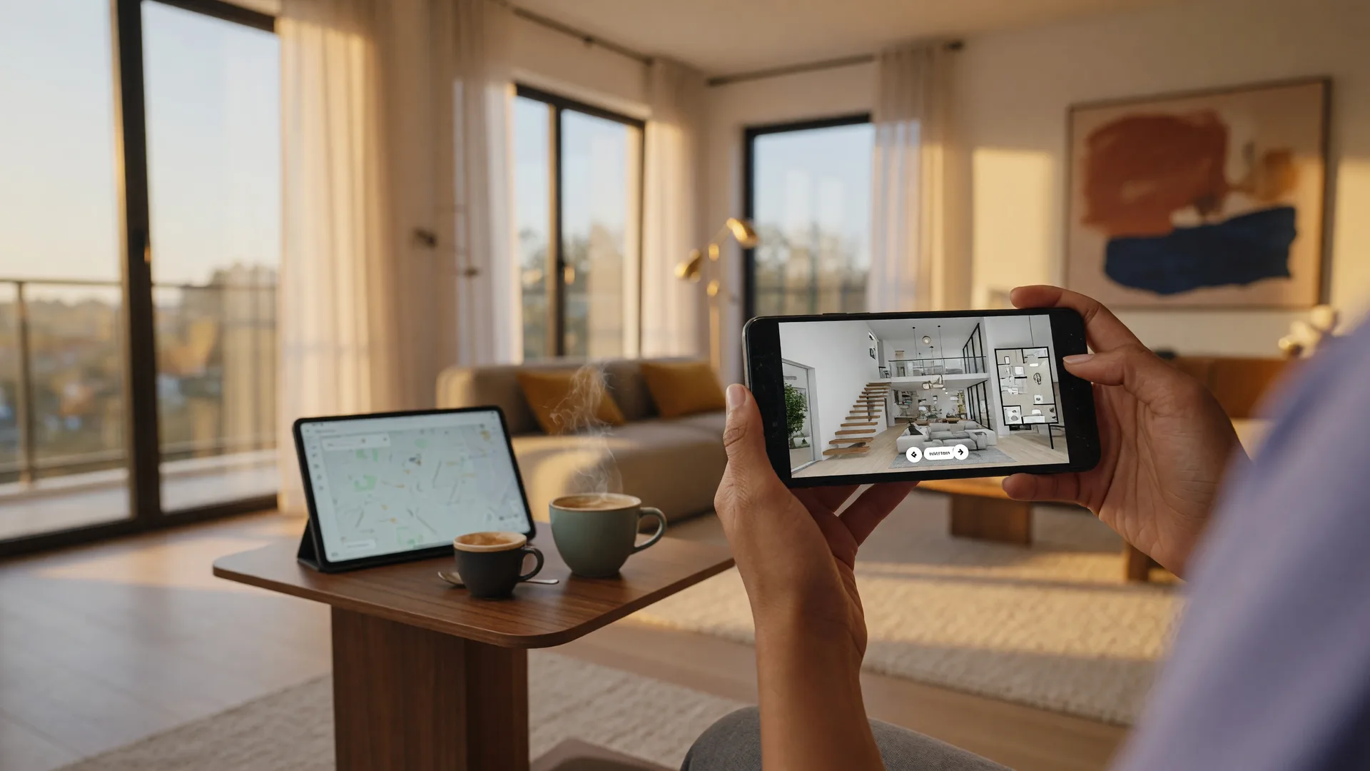 Person viewing a virtual home tour on a smartphone in a sunlit modern living room