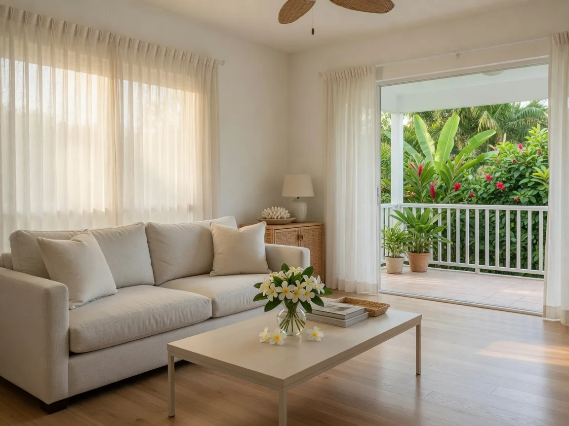 A freshly staged tropical living room with a light sofa and white plumeria