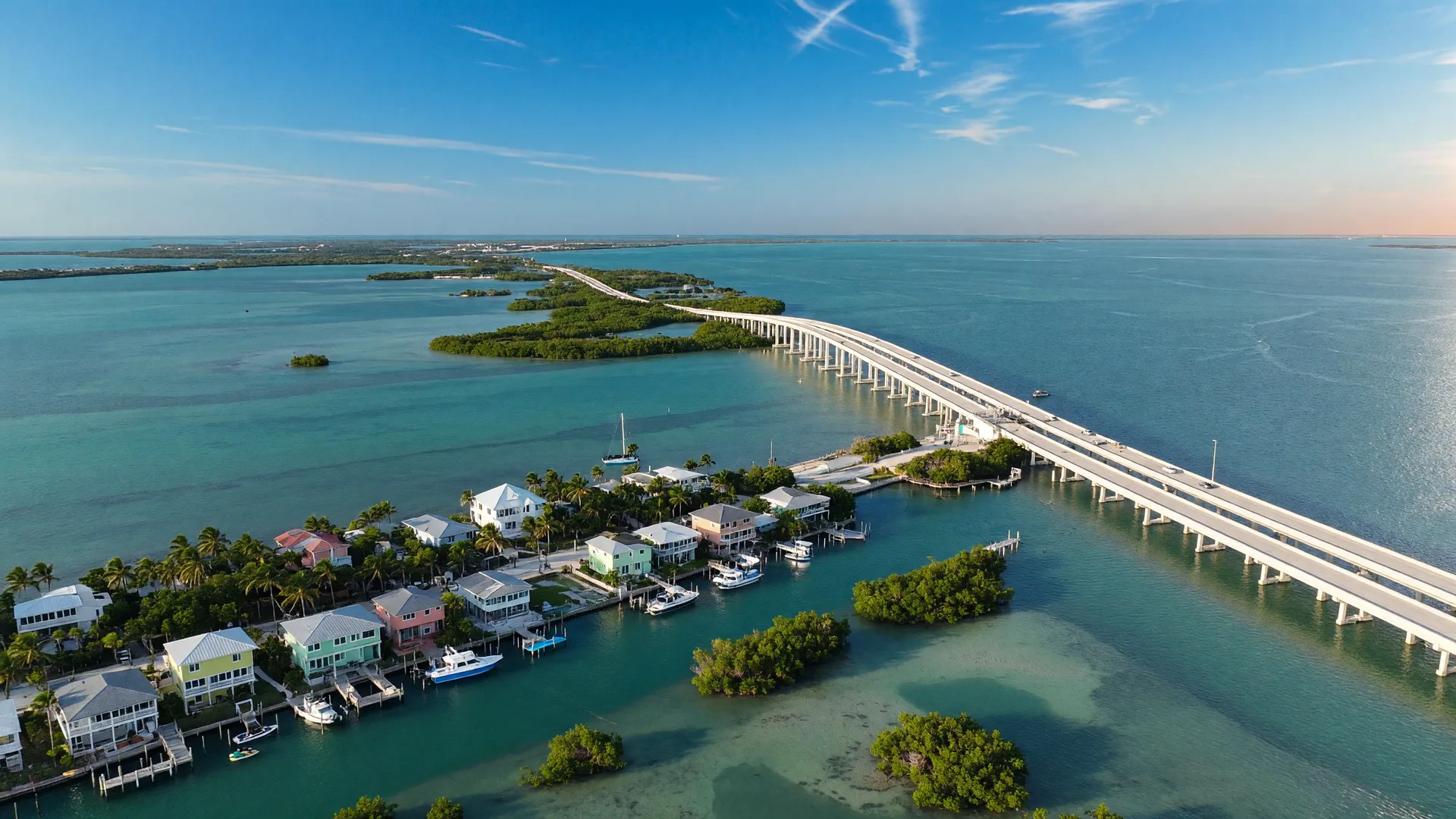 Aerial view of the Florida Keys island chain on a clear September morning, turquoise water, a highway bridge, and waterfront homes with docks