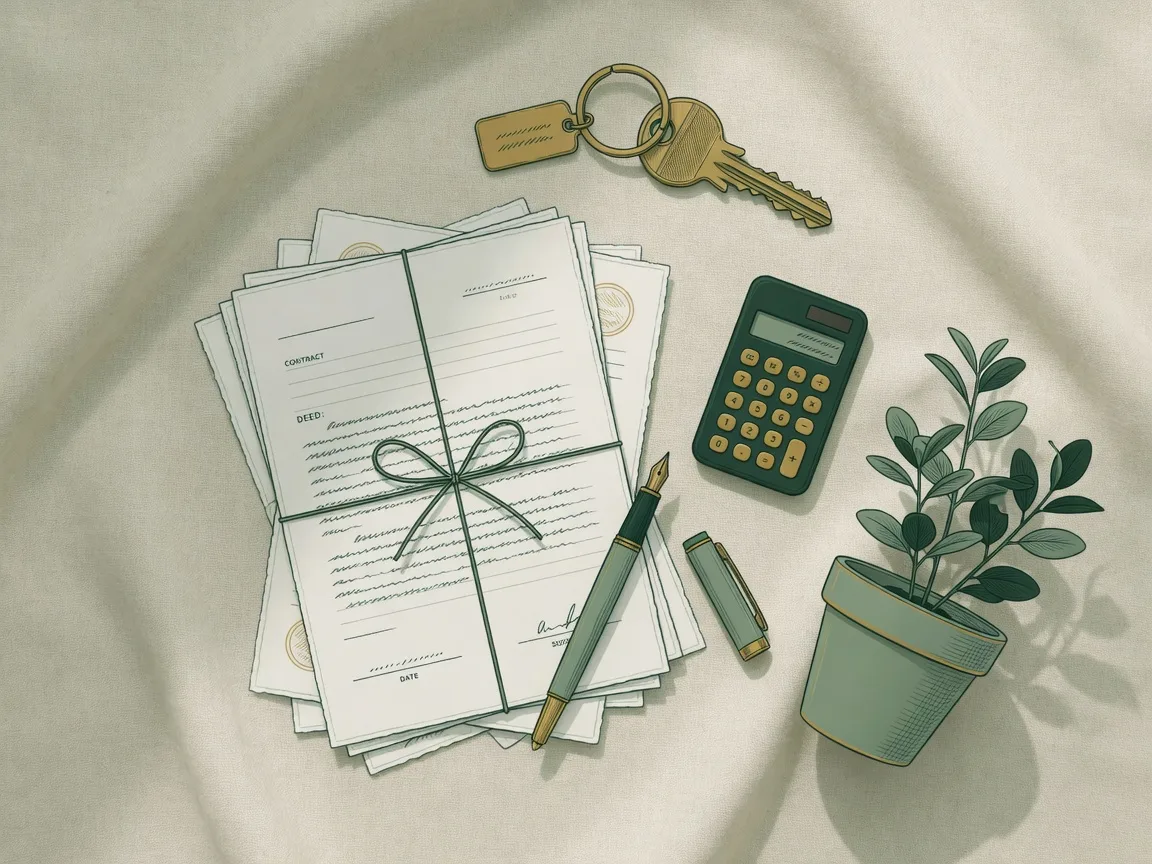 A flat-lay line illustration of house keys, a contract, a fountain pen, and a calculator arranged on cream linen