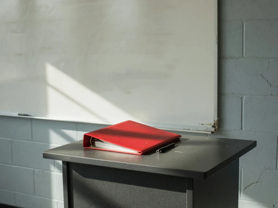 A classroom lectern with a red binder, ready for a renewal class