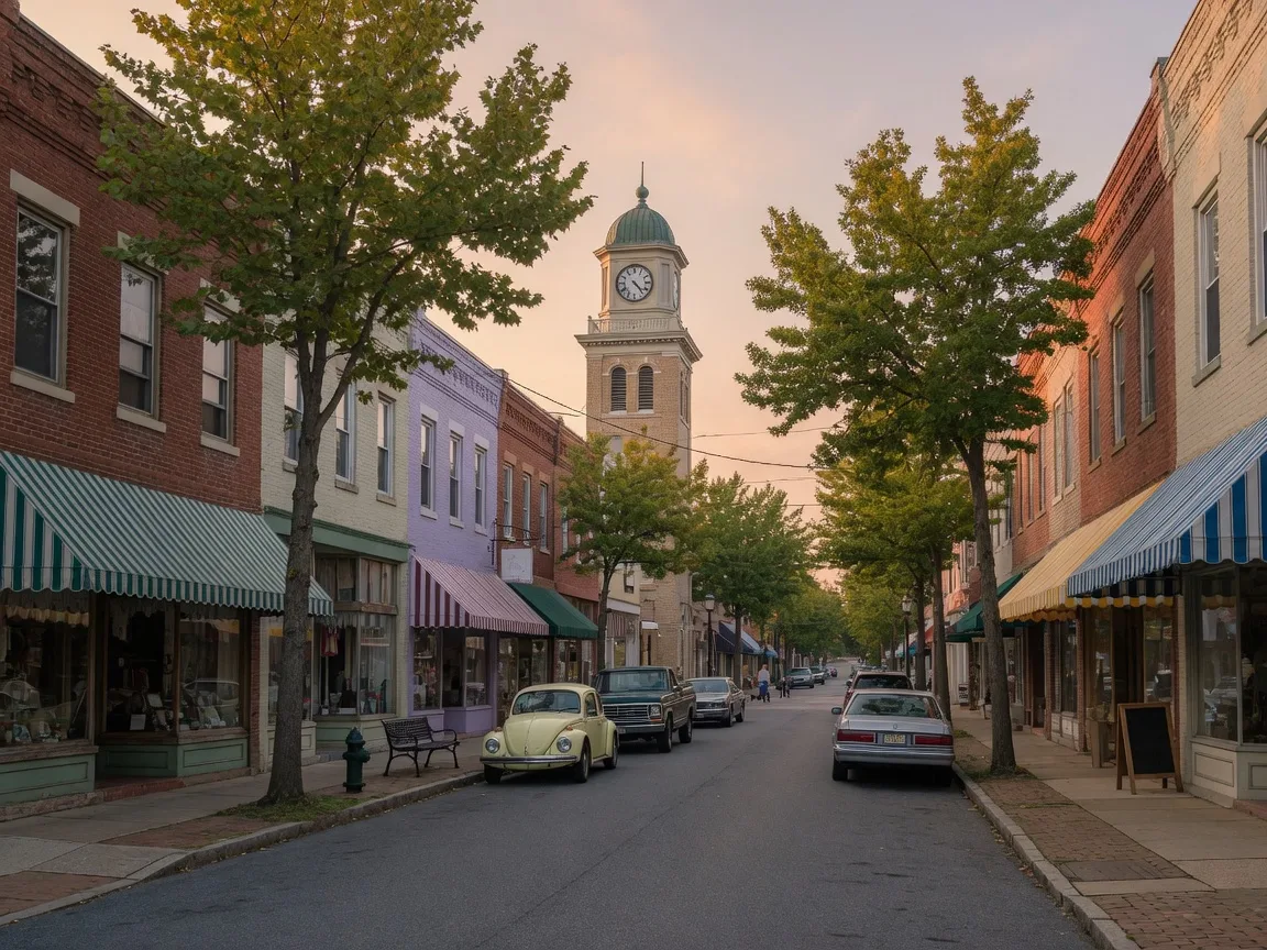 A small-town Maryland main street with antique storefronts and a clock tower