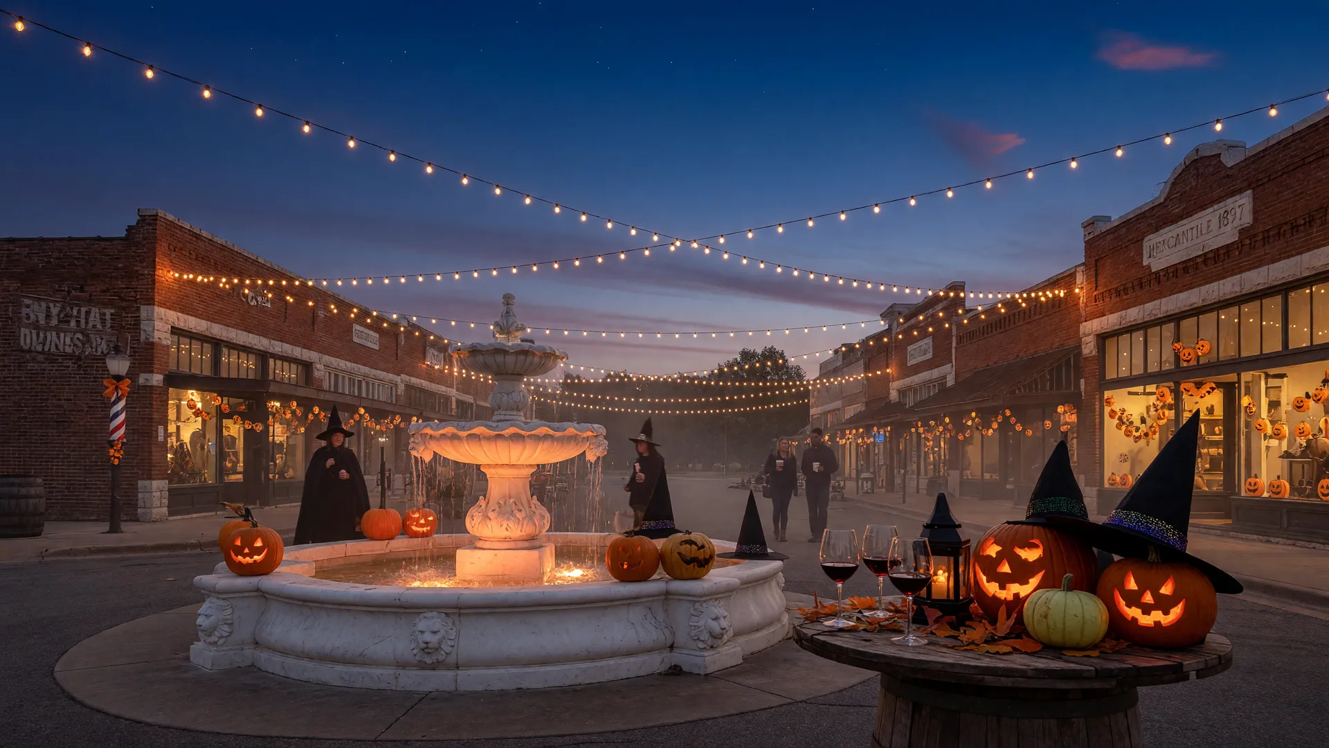 A historic small-town Texas downtown square at dusk with warm string lights, a fountain, pumpkins, and glowing brick storefronts