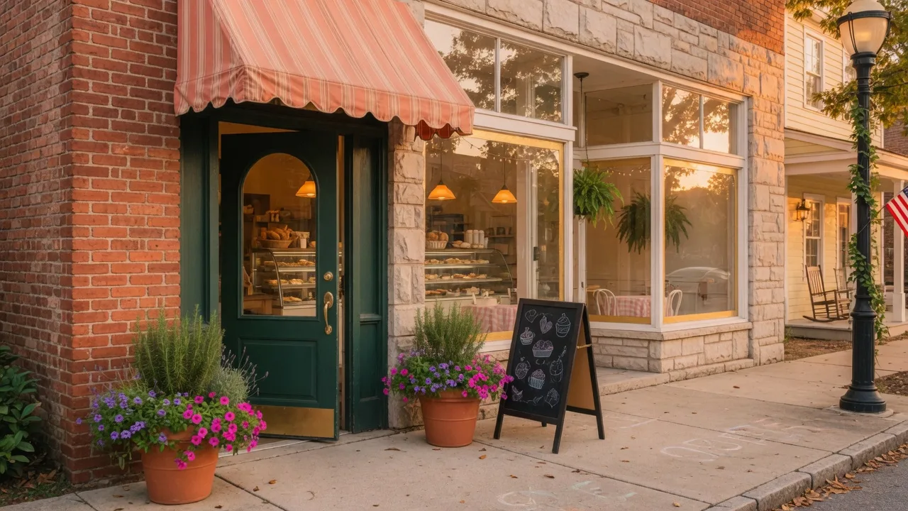 A cozy local bakery storefront in the South Carolina Midlands, warm and inviting