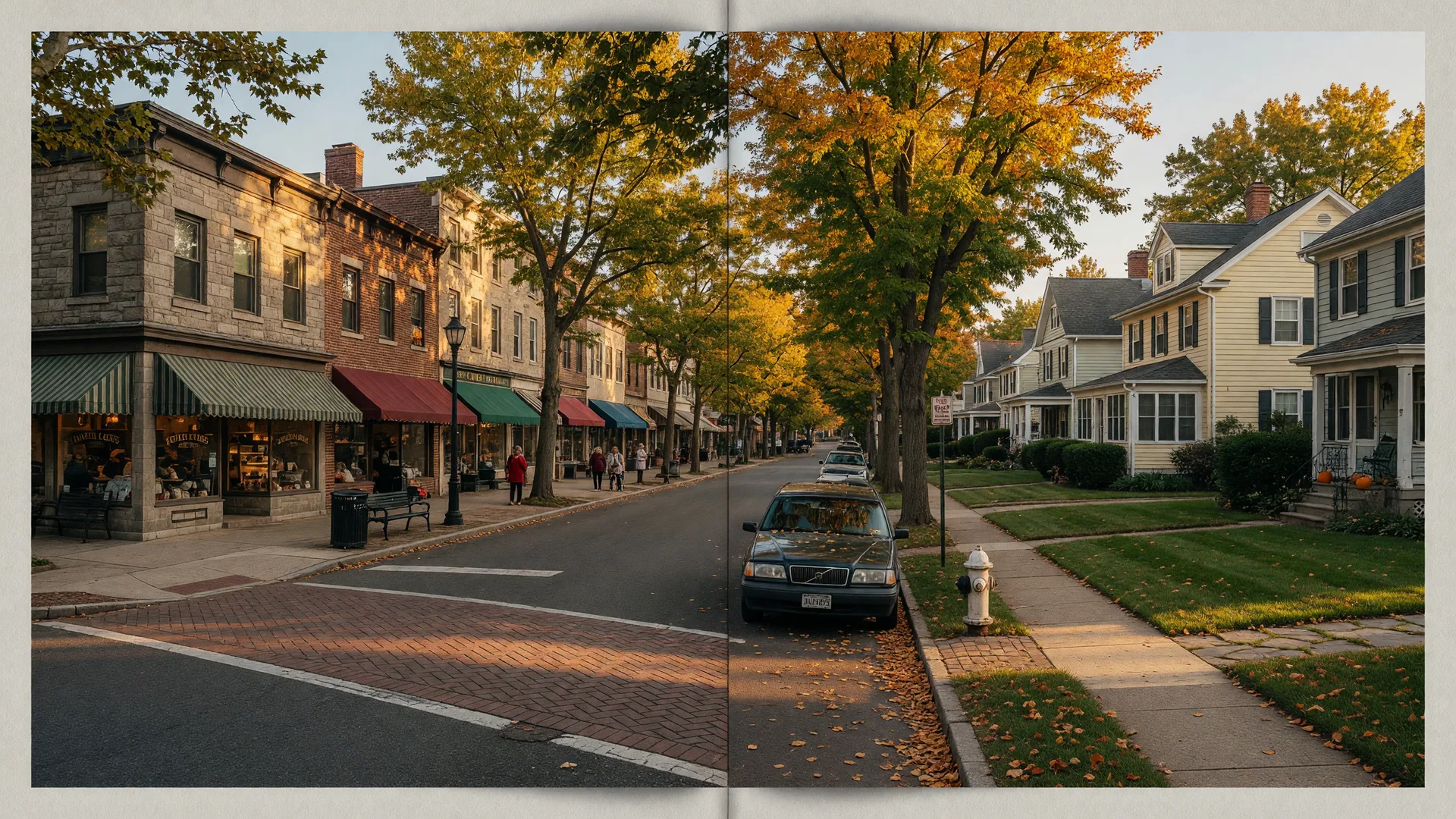 Split scene comparing Moorestown’s historic Main Street and a tree-lined Cinnaminson residential street