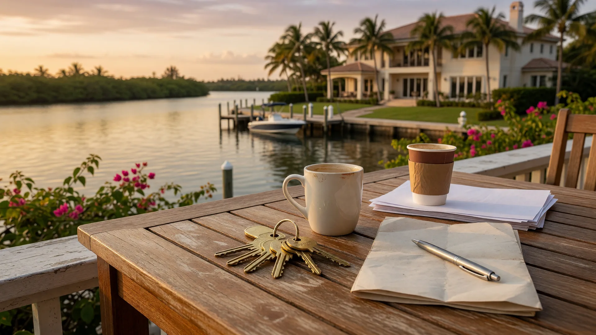 House keys and a purchase contract on a waterfront table in Delray Beach at golden hour