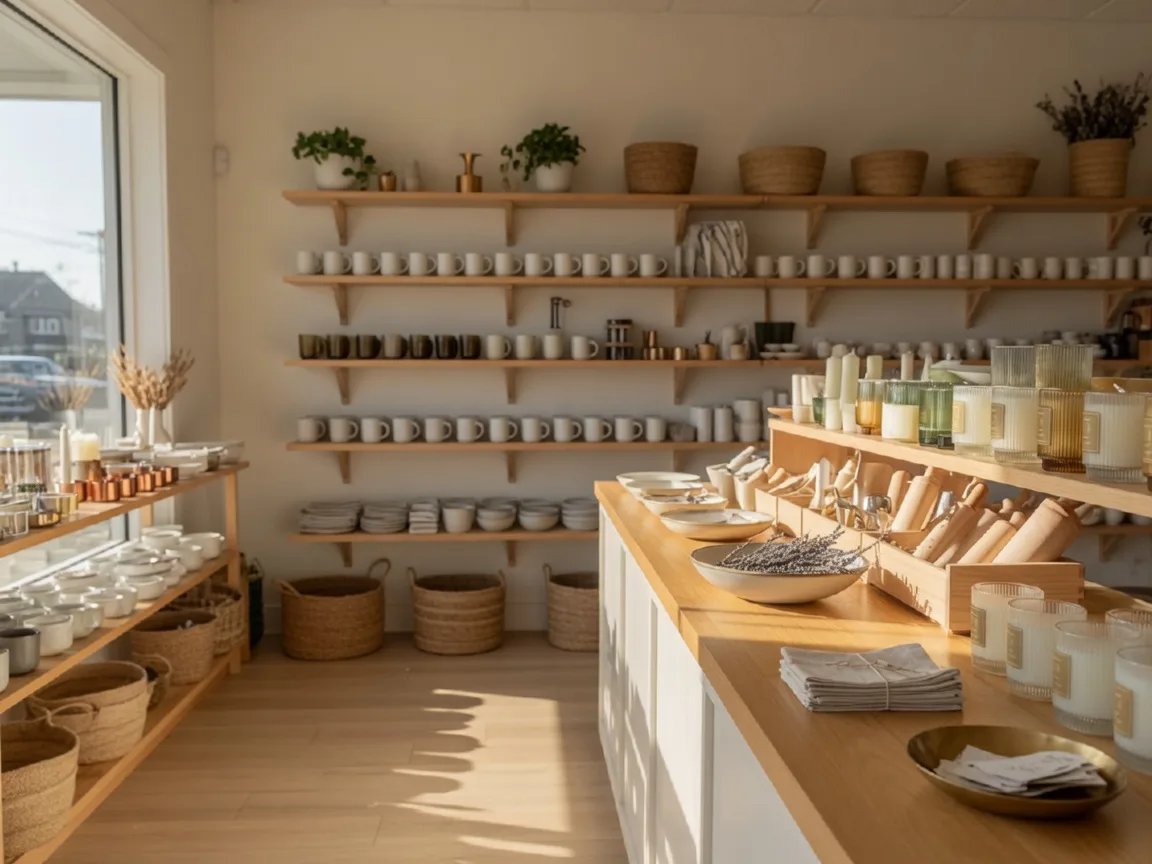 The bright interior of an independent specialty shop in a suburban shopping plaza with shelves of housewares and gifts